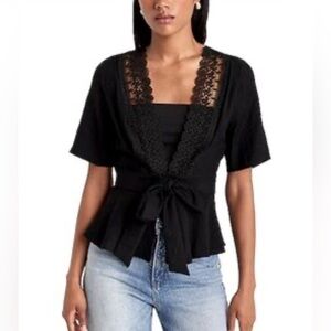 Express Black Lace Trim Tie-Front Top